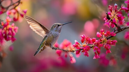 Fototapeta premium A vibrant hummingbird gracefully hovers near blooming pink flowers, capturing the essence of spring in a serene garden setting, with soft bokeh in the background enhancing the beauty