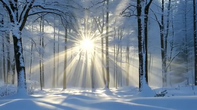Sunbeams shining through snow covered trees in a beautiful winter forest, creating a magical atmosphere, winter solstice day