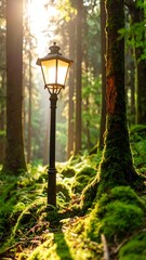 Forest path with lamppost at sunrise