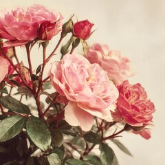 Pink roses bloom outdoors, sunlight background, garden decor