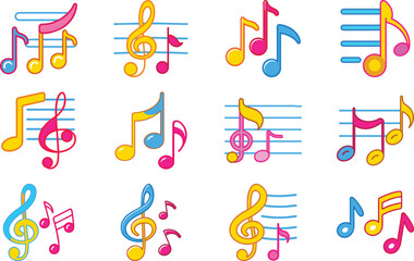Colorful collection of musical notes and treble clefs on white backgrounds for creative designs