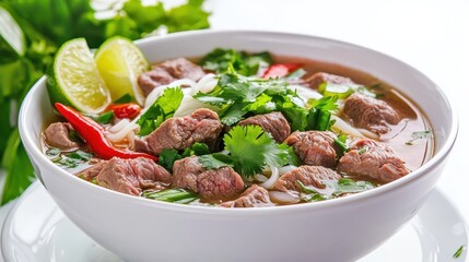 Delicious bowl of pho with beef, herbs, and lime slices