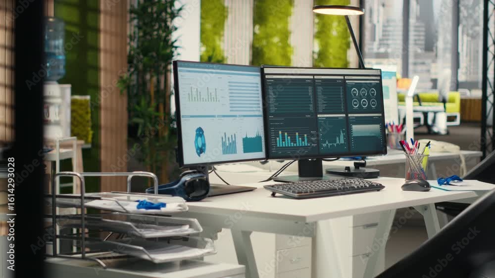Poster empty business offices with dual monitors running financial diagnostics to help planning development