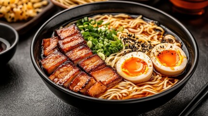 Delicious Bowl of Ramen Noodles with Soft Boiled Eggs and Pork