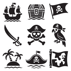 A collection of pirate icons evokes a sense of highseas adventure with images of ships, treasure chests, and skull flags isolated on white background