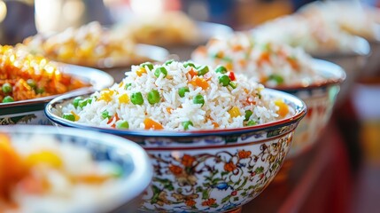 Colorful Rice Dishes in Decorative Bowls on a Food Stall