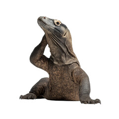 Obraz premium Png of A Komodo dragon appears thoughtful, raising its head and resting a limb across its body in a natural pose.