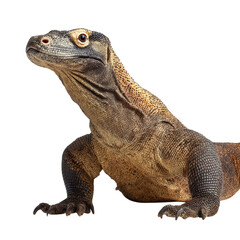 Obraz premium Png of A detailed close-up of a Komodo dragon, showcasing its textured skin and striking features against a plain background.
