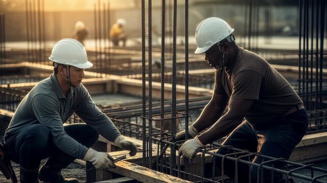 Workers wearing helmets reinforcing concrete with rebar rods at an early day construction area.