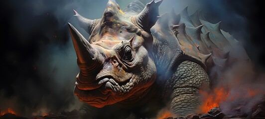 a light Triceratops , coming out of the smoke, Generative AI