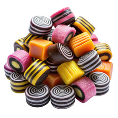 Pile of colorful striped hard candies isolated on transparent background