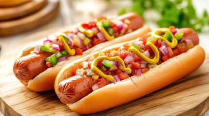 Delicious Grilled Hot Dogs with Colorful Toppings on Wooden Board