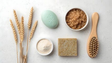 Flat Lay of Natural Spa Essentials on Light Speckled Background