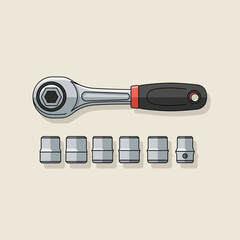 Ratchet wrench and socket set on a neutral background for mechanical work.