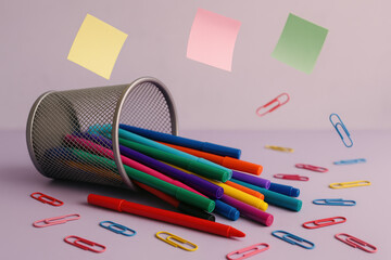 Colorful pens and paper clips scattered from tilted mesh holder with floating sticky notes against soft pastel background