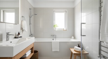 Clean and Minimalist Bathroom Interior Design with White Bathtub, Double Sink Vanity, and Natural Light
