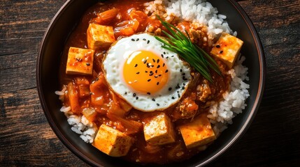 Delicious Bowl of Rice with Tofu, Egg, and Spicy Sauce Topping