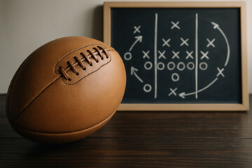 American football strategy planning with leather ball and chalkboard tactical diagram indoors on wooden table