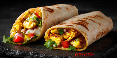 Chicken Frankie roll indian food on dark background