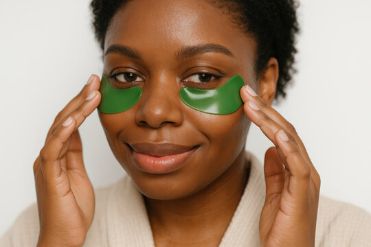 Smiling woman applying green under eye patches for skincare, self care routine, and healthy glowing complexion wellness
