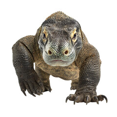 Obraz premium Png of A fierce Komodo dragon crawling forward, showcasing its textured skin and sharp claws in a highly detailed view.