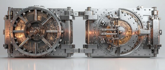 Fototapeta premium Closed and open bank vault doors on a white background, showcasing metal details and locking mechanisms. Concept of security. 3D Rendering. High quality