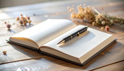 Journal with Pen and Dried Flowers for Mindful Writing on Wooden Table