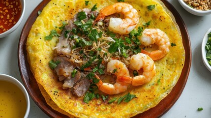 Delicious Vietnamese Pancake with Shrimp and Herbs on Wooden Plate