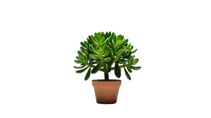 A jade plant in a brown pot centered against a stark isolated White background  in full studio light