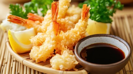 Crispy Shrimp Tempura Served with Dipping Sauce and Lemon Wedges