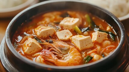 Flavorful Spicy Seafood Soup with Shrimp, Tofu, and Vegetables