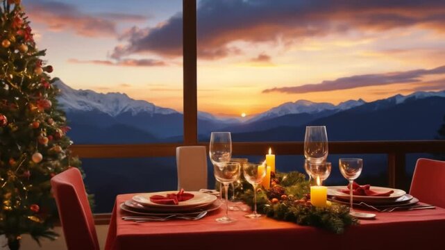 Romantic Christmas Dinner Table with Mountain View at Sunset. 4k video