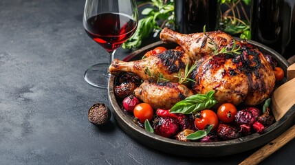 Delicious roasted chicken on wooden platter with fresh vegetables