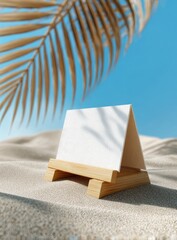 Blank card mockup on beach, palm leaf shadow, sunny sky, summer travel brochure