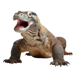 Obraz premium Png of A close-up of a Komodo dragon with its mouth open, showcasing its sharp teeth and textured skin.