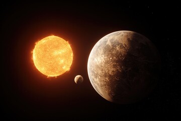 Exoplanet orbiting star, space, cosmic background, educational
