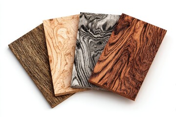 Four wood samples, arranged, white background, studio shot, for design selection