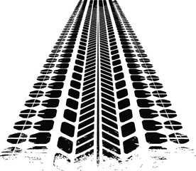 A detailed black and white illustration of a vehicle tire track with a grunge texture shown in perspective