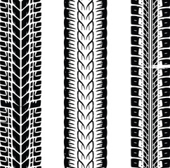 Set of three detailed black tire track patterns. A black and white vector graphic illustration on a white background.
