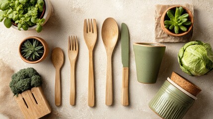 Eco-friendly bamboo cutlery & tableware on beige surface