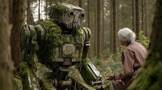 Robot encounters elderly woman in serene forest setting, showcasing unlikely friendship in nature