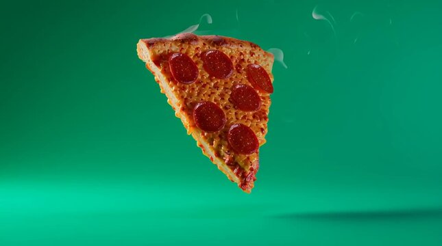 Floating pepperoni pizza slice in vibrant green background showcases mouthwatering details and texture