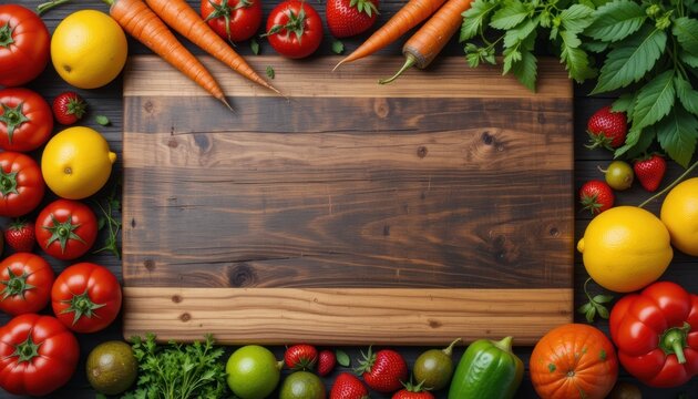 a wooden cutting board, fresh fruits and vegetables