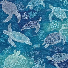 Ocean Sea Turtles Swimming Pattern, Teal Background, Textile Design