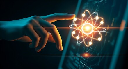 QFS quantum computing power. A hand touches a single, glowing atom hologram, representing the processing power behind the Quantum Financial System.