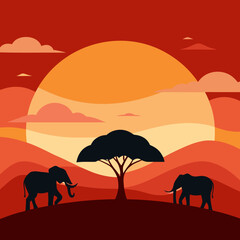 Obraz premium African sunset silhouette with elephants and acacia tree