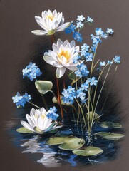 White water lilies and forget-me-nots in pond, dark background, nature art, greeting card