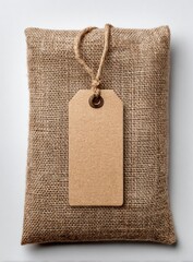 Rustic burlap sack with blank tag, studio shot, simple background, product packaging mockup