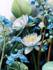 White Water Lilies and Forget-Me-Nots in Pond, Tranquil Garden Scene, Botanical Illustration, Peaceful Nature