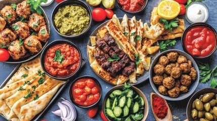 Fototapeta premium Colorful Spread of Delicious Mediterranean Dishes on Rustic Table